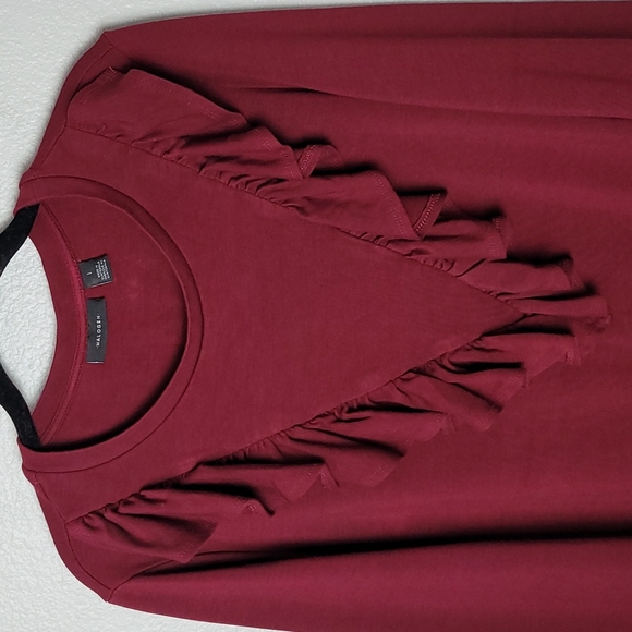 Halogen Lightweight Sweater V Ruffle Detail Crewneck Holiday Party Top Burgundy - Picture 2 of 7